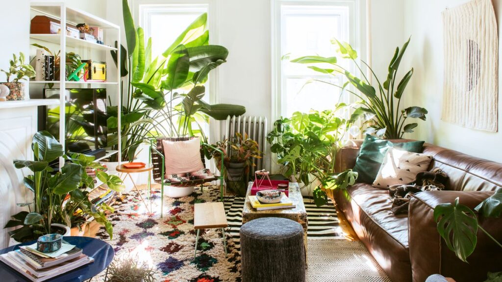  A small living room is decorated with a variety of plants, artwork, a sofa, chair, coffee tables, books, and other personal items.
